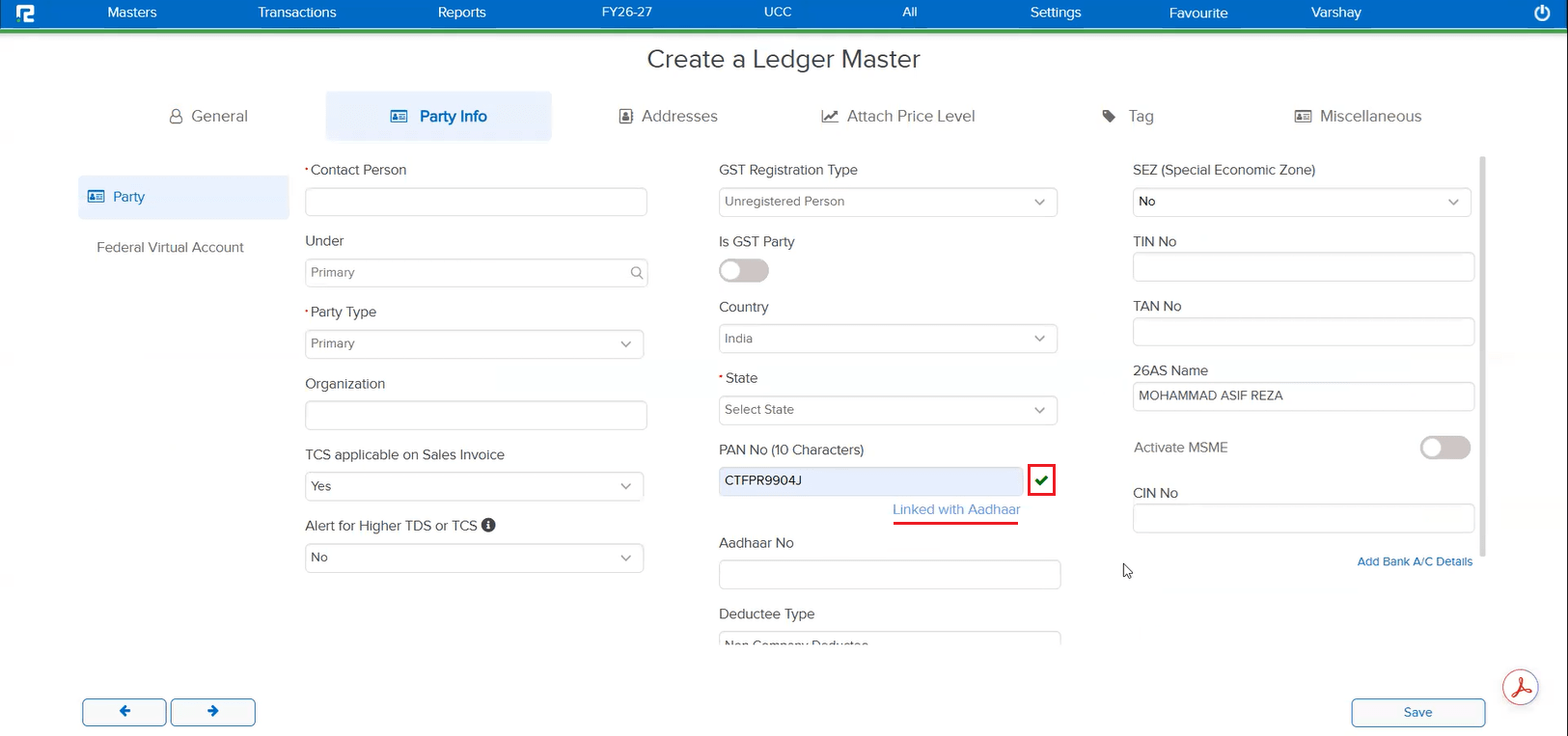Ledger Master Party Info screen showing verified PAN with Linked with Aadhaar status