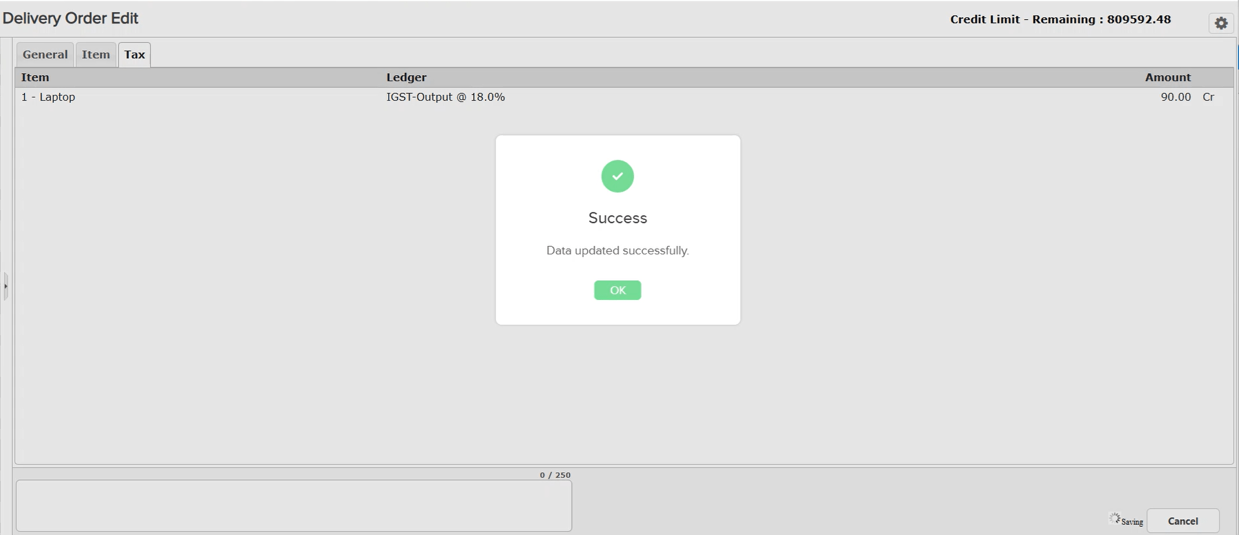 Screen recording of Delivery Order Edit showing party being changed and the tax amount being retained correctly on the Tax tab