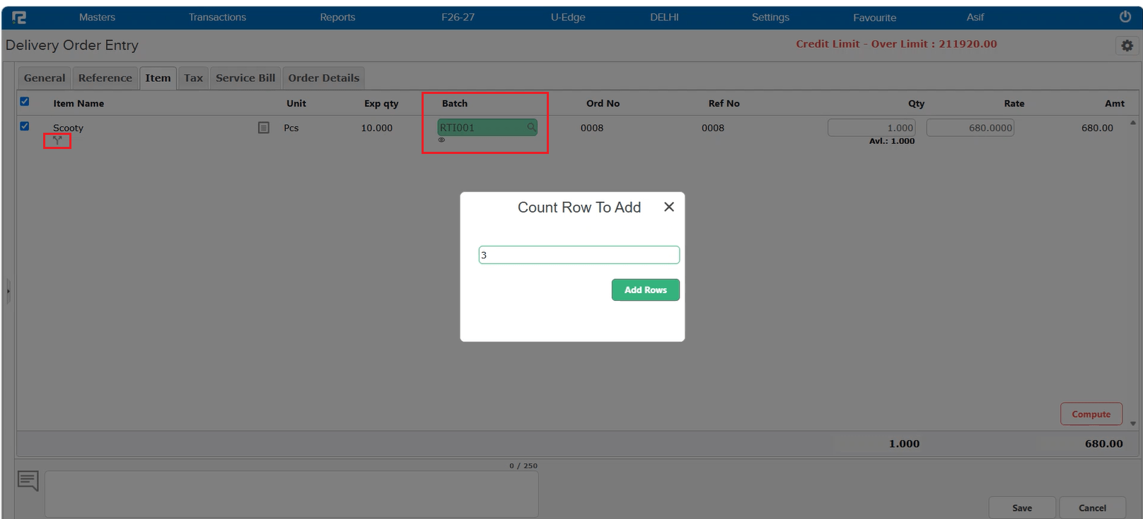 Delivery Order Entry Item tab showing the split icon and Count Row To Add dialog for the Scooty item with Batch RTI001