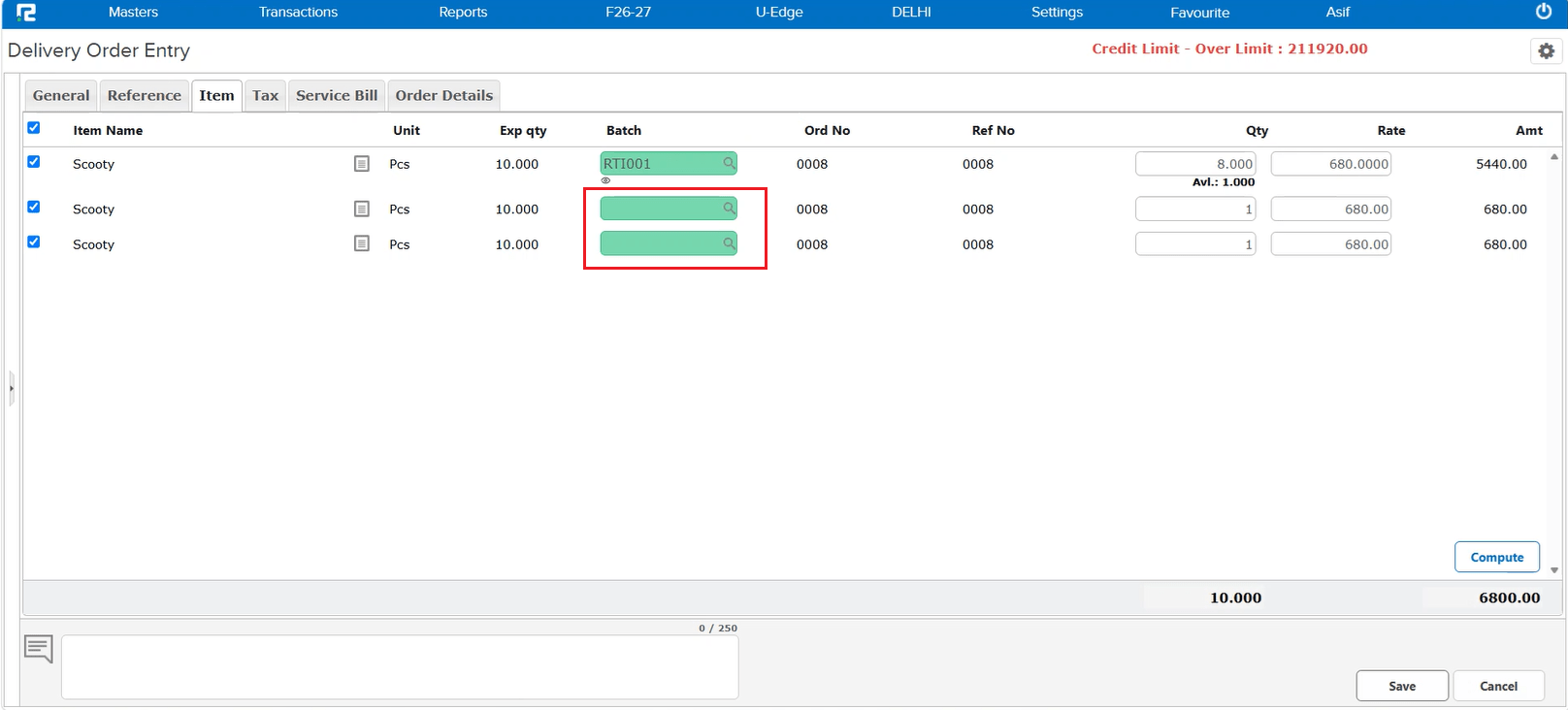 Delivery Order Entry Item tab showing three Scooty rows after split, with Batch filled only on the first row and blank on the other two