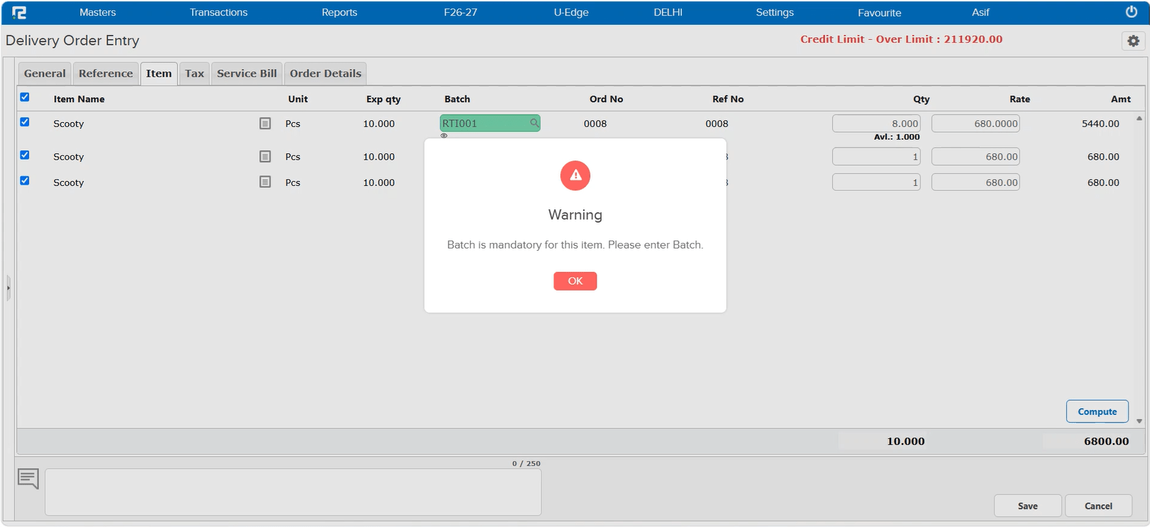 Warning dialog stating Batch is mandatory for this item, please enter Batch, shown on clicking Save with blank split rows