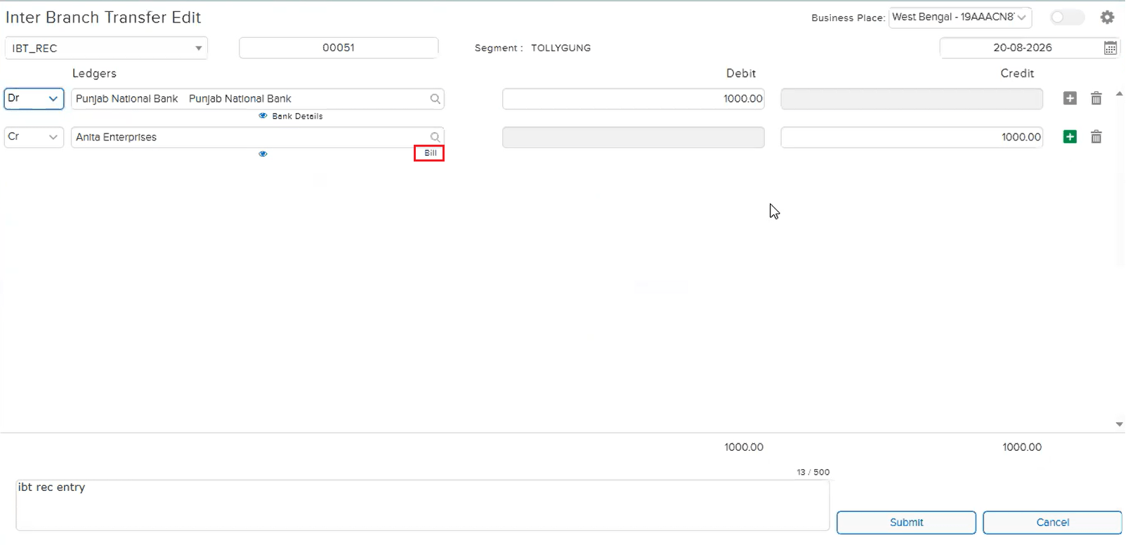 Inter Branch Transfer Edit showing the Cr ledger Anita Enterprises with a Bill link before it is replaced