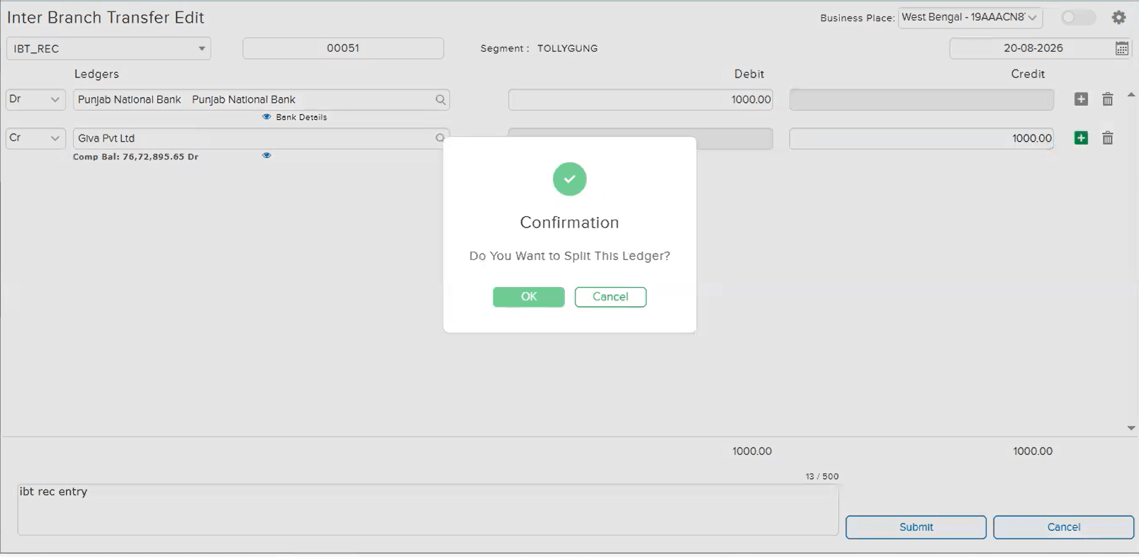 Confirmation dialog asking Do You Want to Split This Ledger after replacing the party with Giva Pvt Ltd