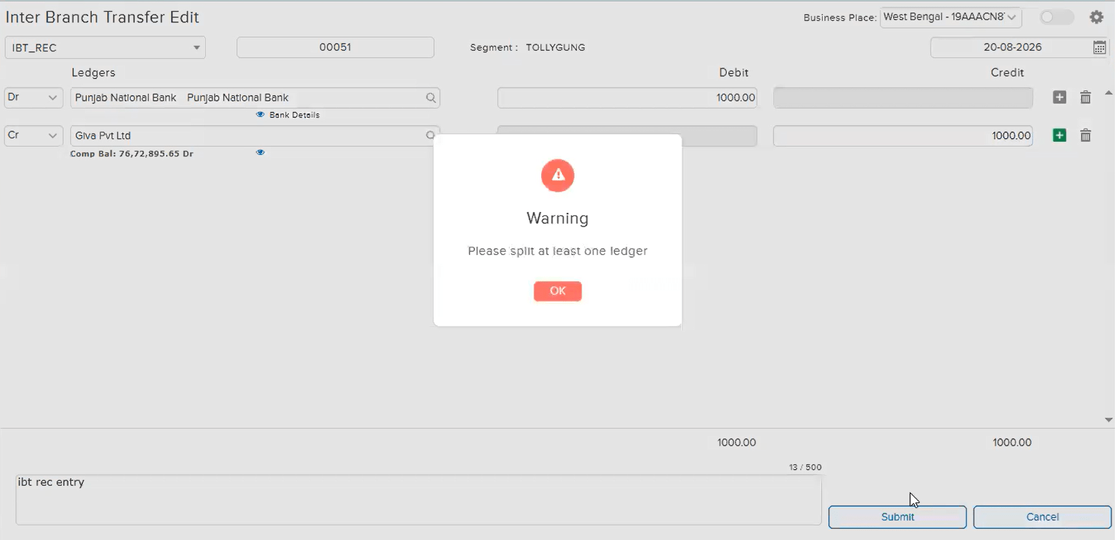 Warning dialog stating Please split at least one ledger after cancelling the split confirmation