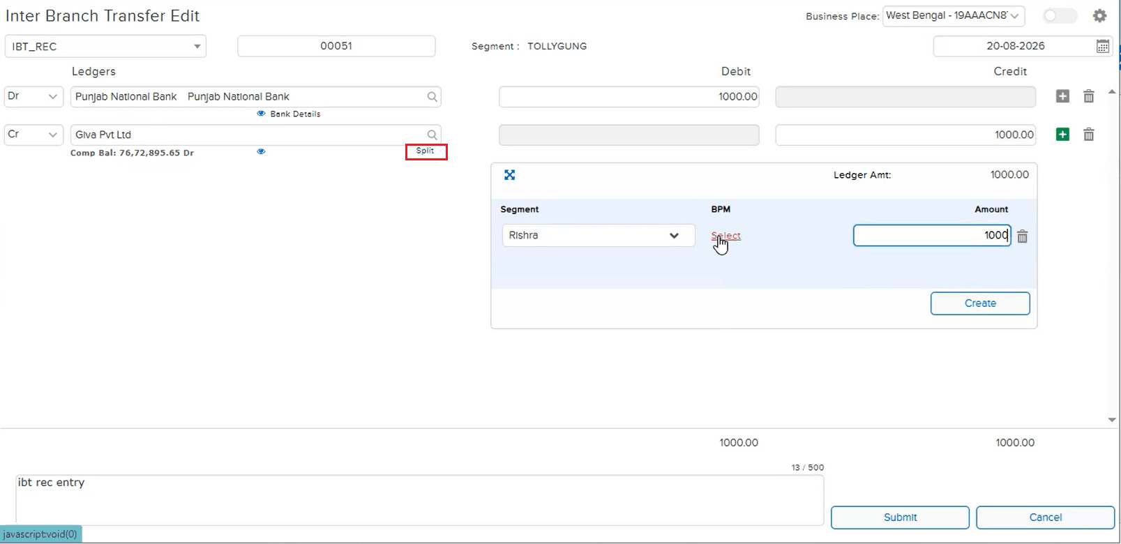 Split section on Inter Branch Transfer Edit showing Segment, BPM and Amount fields that were left blank