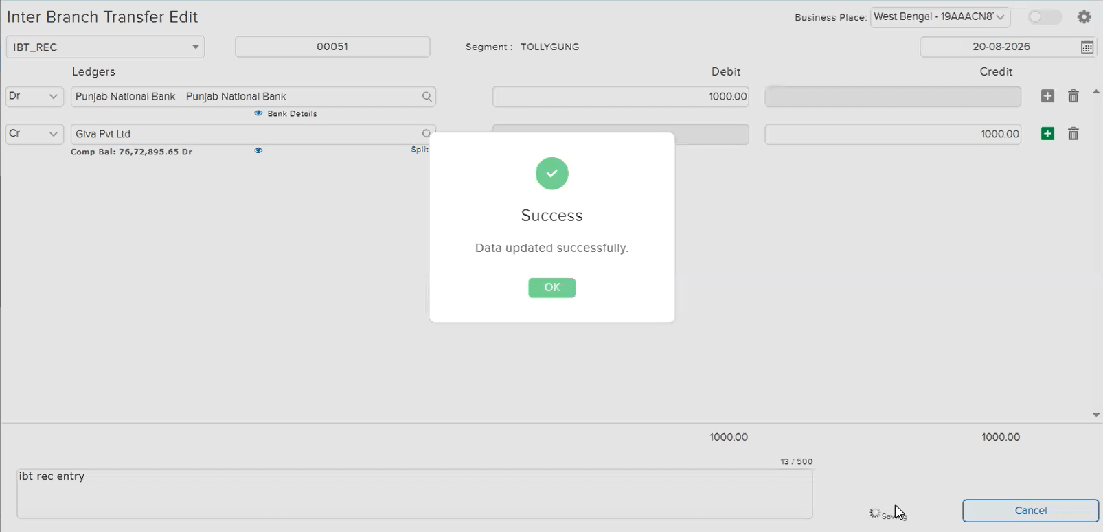 Success dialog showing Data updated successfully after saving the entry with blank split data