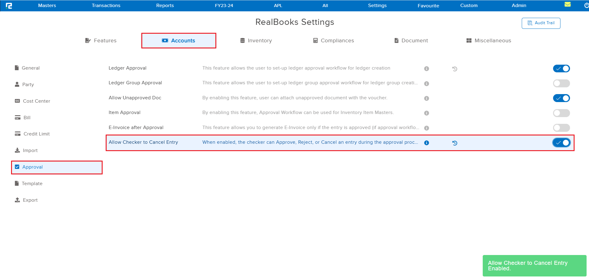 RealBooks Settings Accounts Approval tab showing the new Allow Checker to Cancel Entry toggle enabled