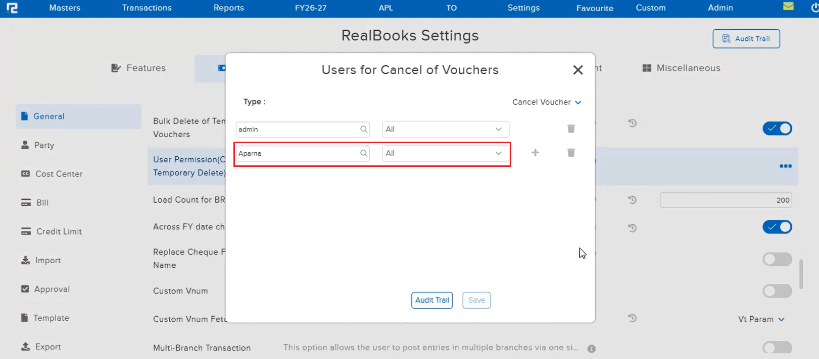 Users for Cancel of Vouchers dialog showing users configured with Cancel Voucher permission for All segments