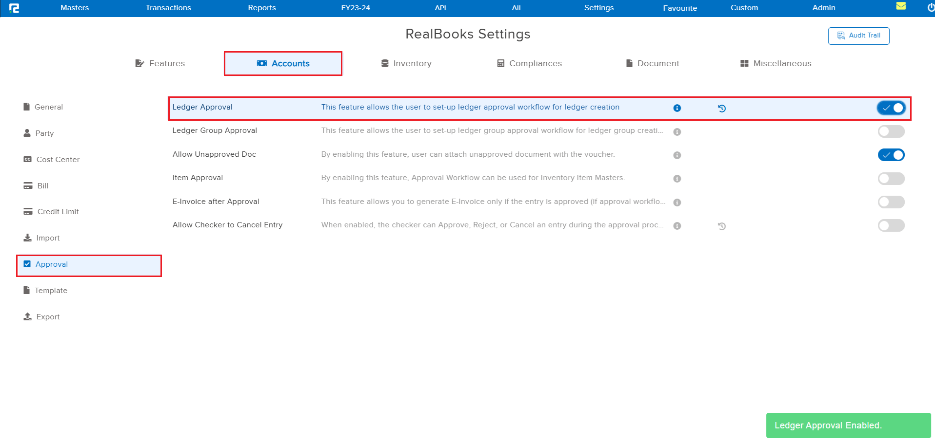 Settings Accounts Approval tab showing Ledger Approval Enabled confirmation message