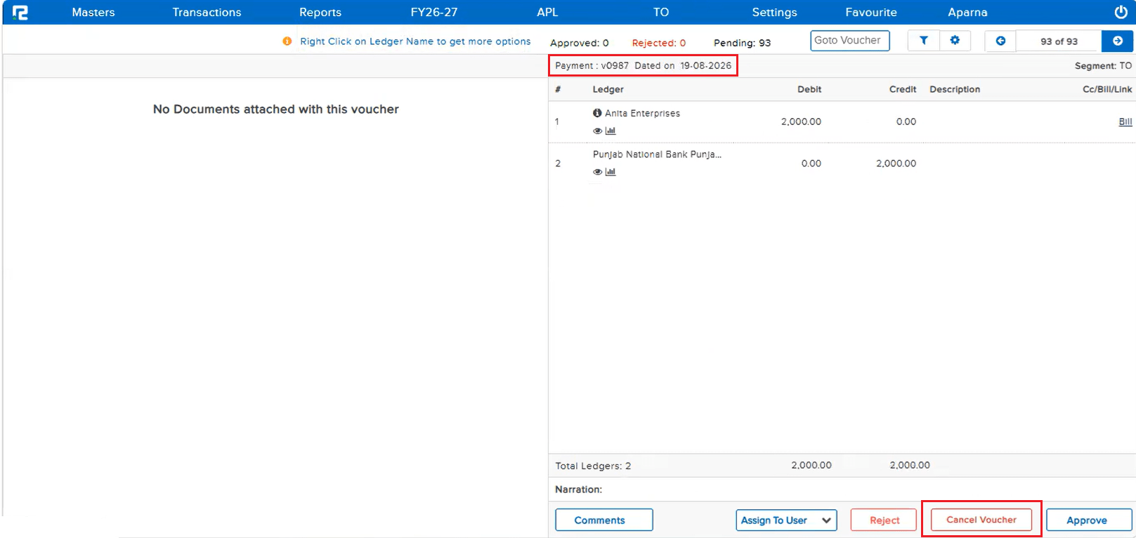 Approval screen for a Payment voucher showing Comments, Assign To User, Reject, Cancel Voucher, and Approve buttons