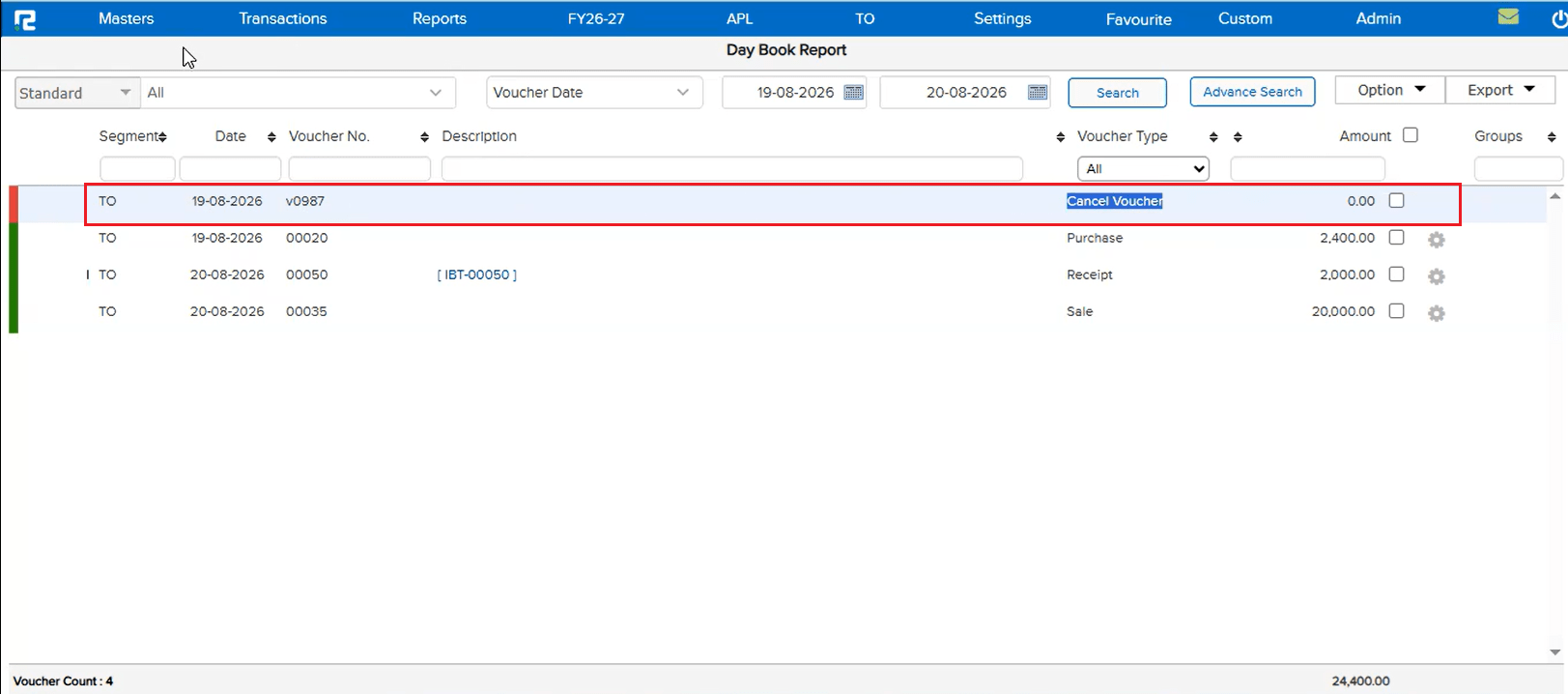 Day Book Report showing the voucher listed as Cancel Voucher type with 0.00 amount after being cancelled from the Approval screen