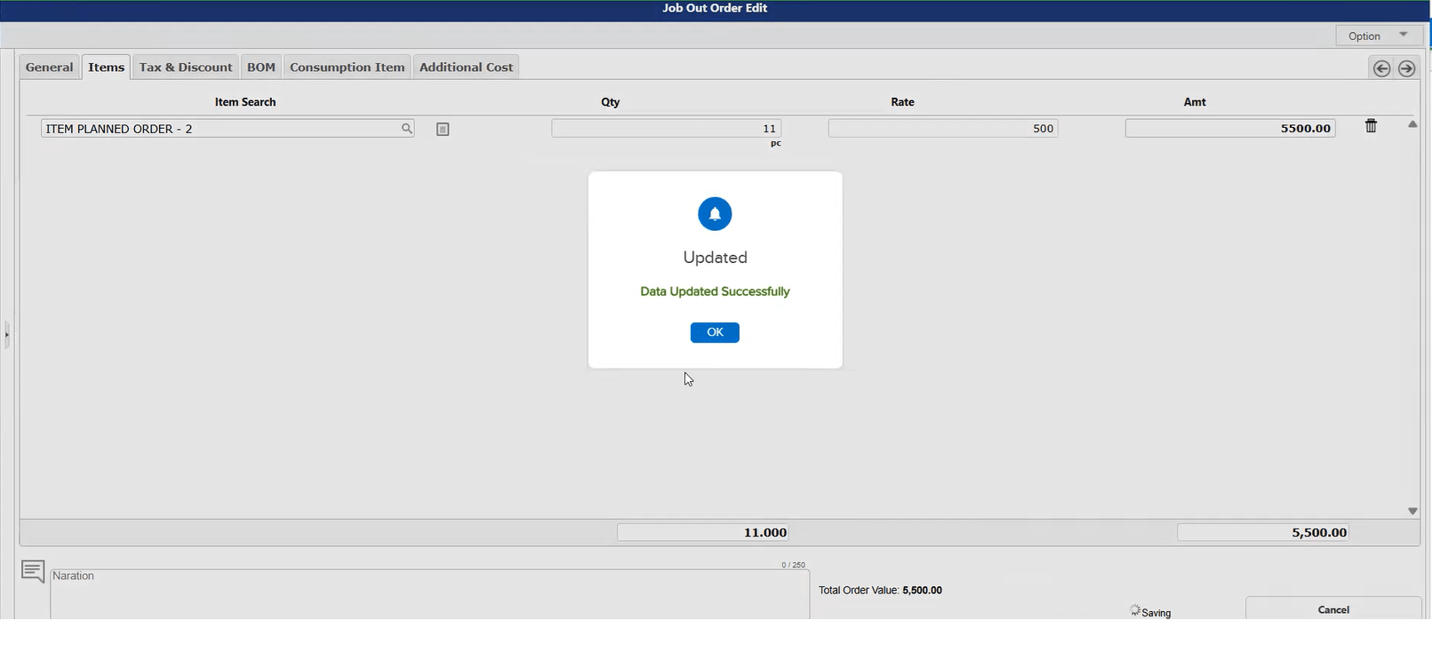 Job Out Order Edit screen showing Data Updated Successfully confirmation