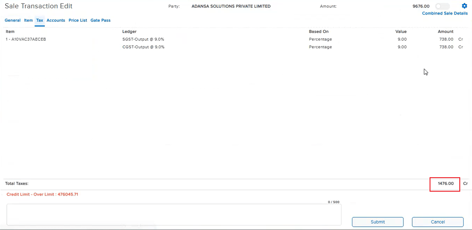 Sale Transaction Edit Tax tab showing the correct Total Taxes amount under Automatic computation