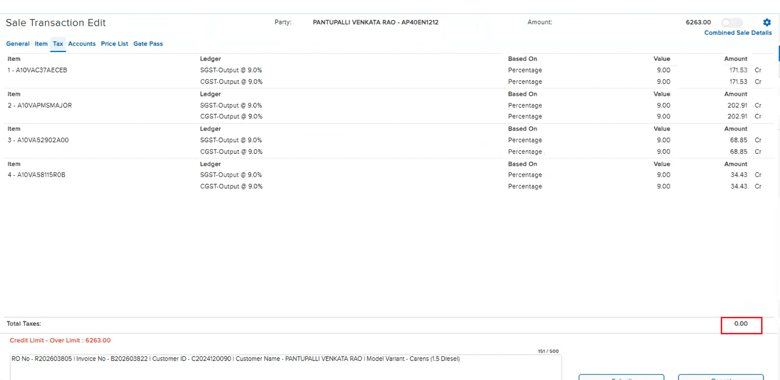Sale Transaction Edit Tax tab showing Total Taxes as 0.00 despite line item tax amounts under Automatic computation