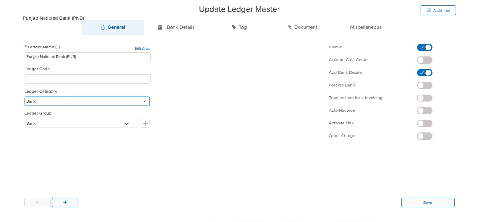 Update Ledger Master General tab for Punjab National Bank (PNB) bank ledger