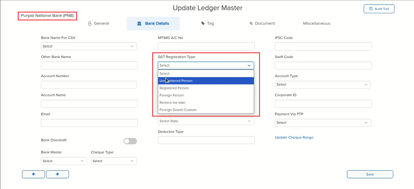 Bank Details tab showing GST Registration Type dropdown being changed to Unregistered Person