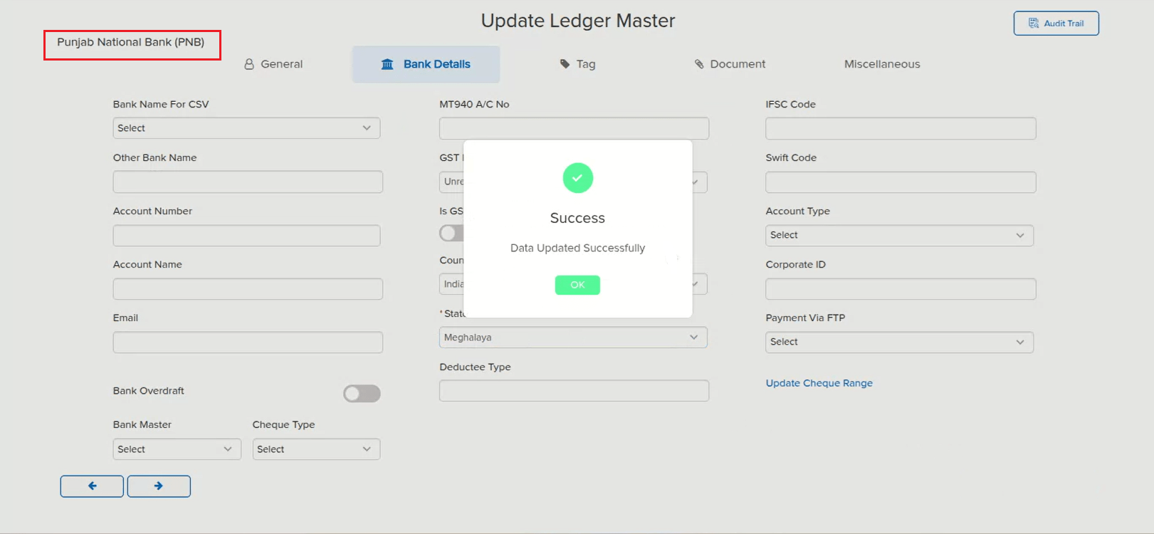 Success dialog showing Data Updated Successfully after saving the Bank Ledger Master