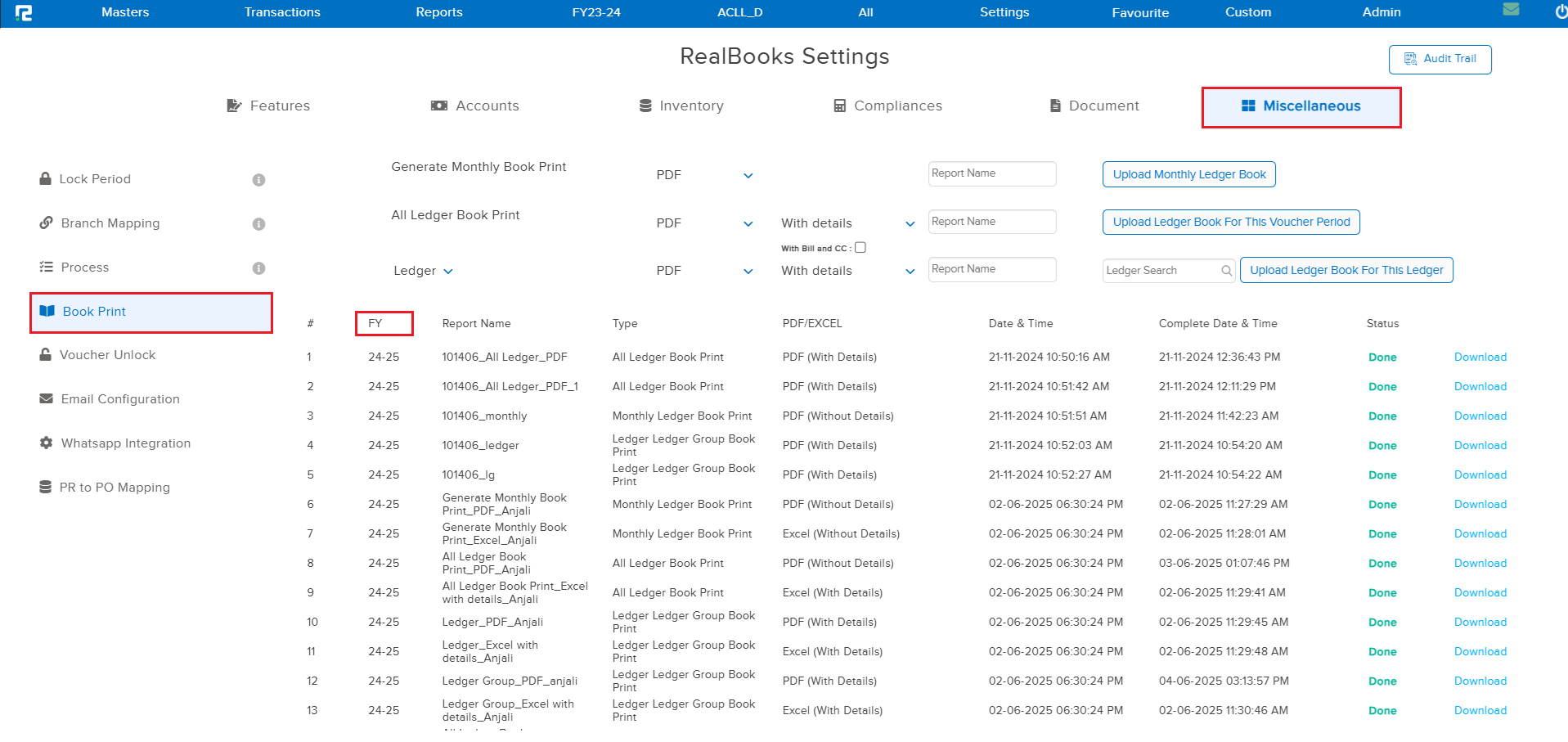 RealBooks Settings Miscellaneous Book Print request listing showing a new FY column with values like 24-25 for each processed request