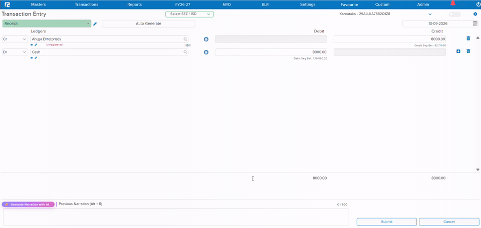 Transaction Entry screen showing the Generate Narration with AI button being clicked, which auto-fills the Narration box describing the receipt from Ahujja Enterprises against bill BILL-AE5260