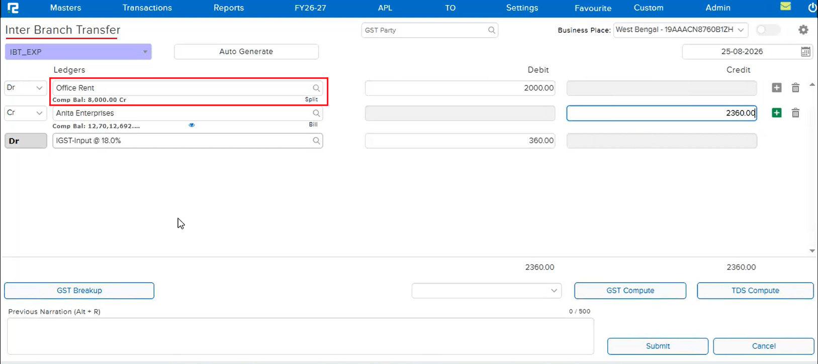 Inter Branch Transfer IBT_EXP entry showing the Office Rent expense ledger with IGST-Input at 18.0 percent computed