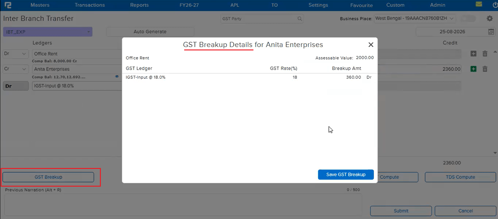 GST Breakup Details popup for Anita Enterprises showing Office Rent assessable value 2000.00 and IGST-Input at 18 percent