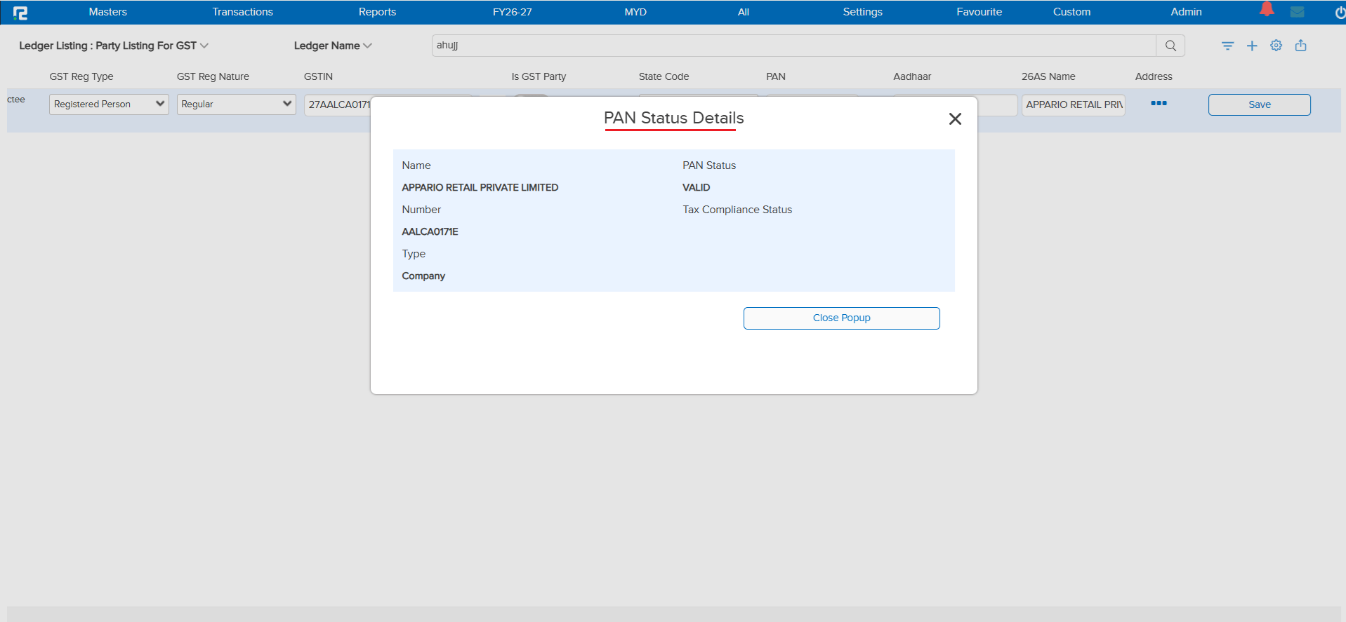 PAN Status Details popup showing Name, PAN Number, Type, PAN Status Valid, and Tax Compliance Status