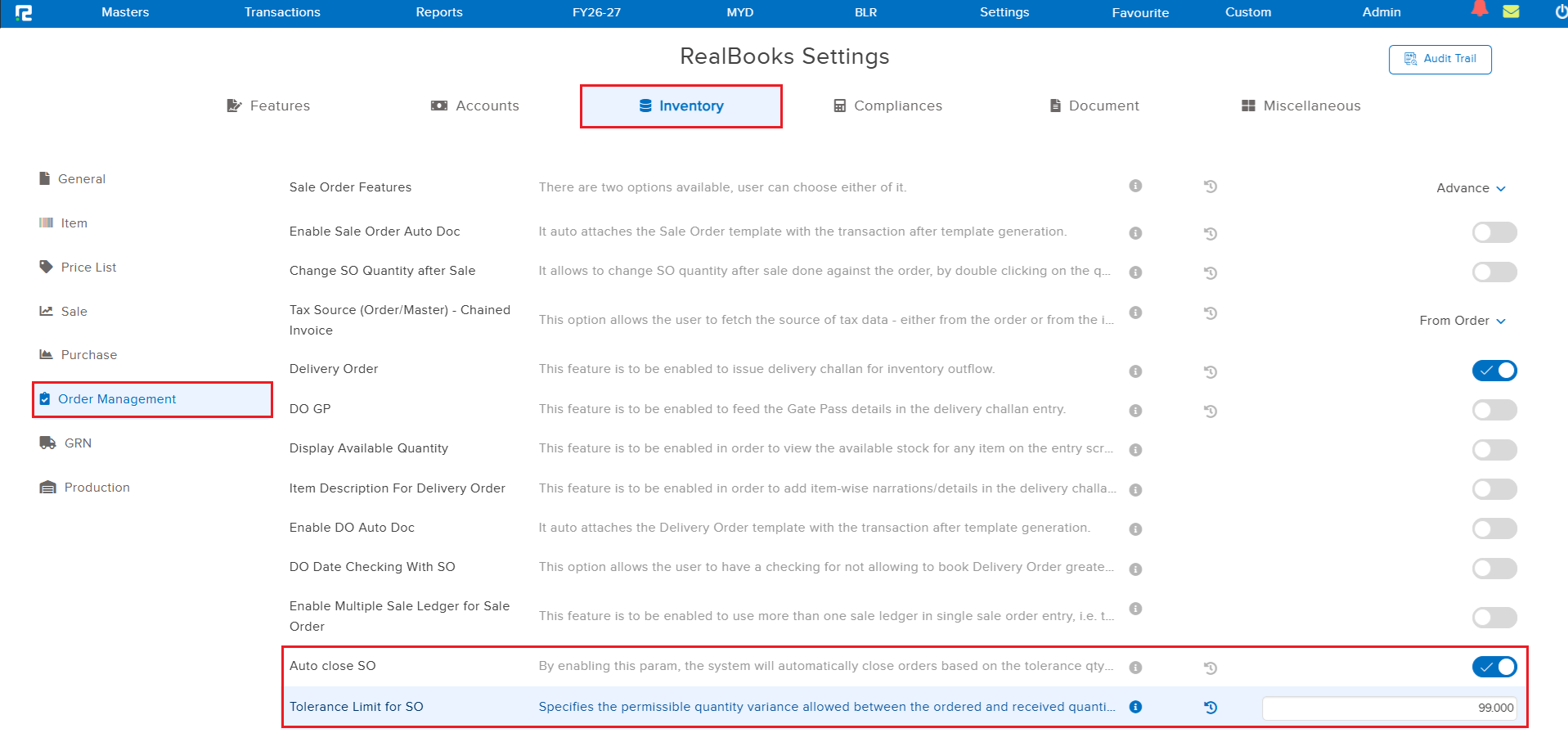RealBooks Settings Inventory Order Management tab showing the new Auto close SO toggle enabled and Tolerance Limit for SO set to 99.000, next to the existing Auto Close PO parameter