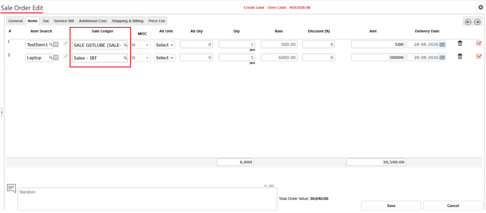 Sale Order Edit Items tab showing the Sale Ledger column with SALE GSTLUBE and Sales - IBT booked against two items