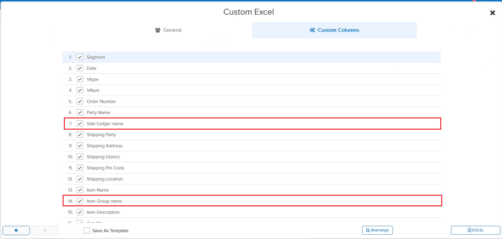 Custom Excel column selection dialog showing the new Sale Ledger name and Item Group name checkboxes alongside existing columns