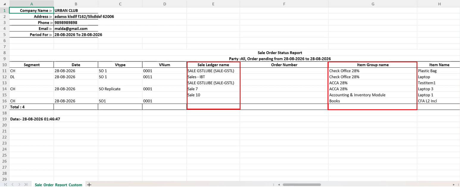Exported Sale Order Status Report Custom Excel showing populated Sale Ledger name and Item Group name columns for each order line