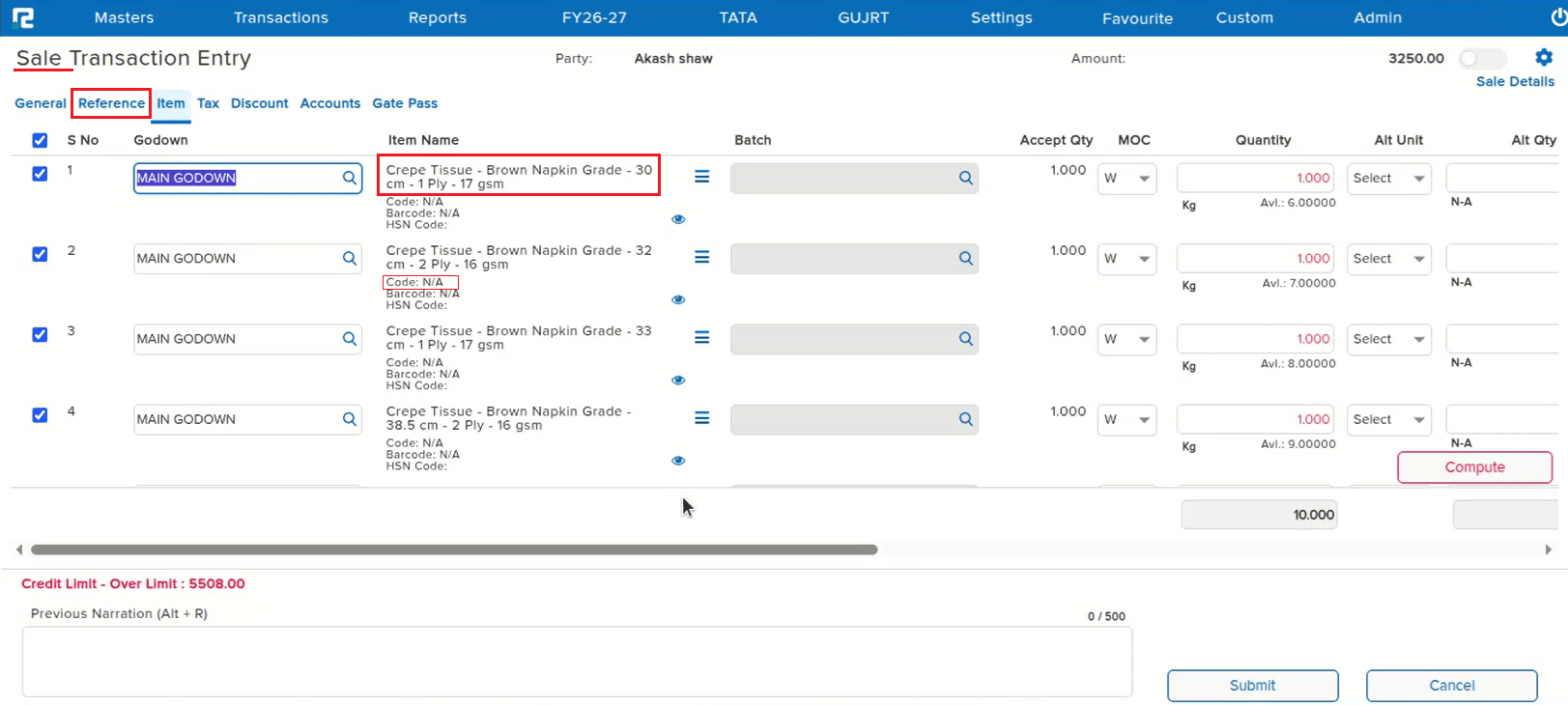 Sale Transaction Entry Reference and Item tabs showing long item names wrapping onto two lines and Code plus HSN Code displayed below each item name after chaining from a Sale Order