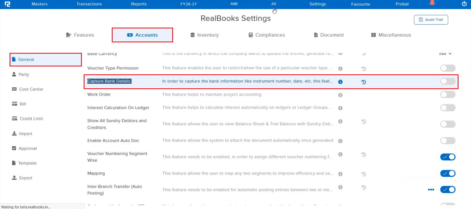 RealBooks Settings Accounts General tab showing the Capture Bank Details parameter toggled off