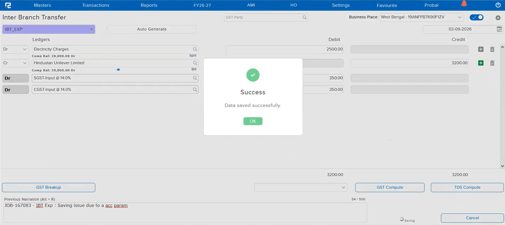 Inter Branch Transfer IBT_EXP entry showing a Success dialog with Data saved successfully message
